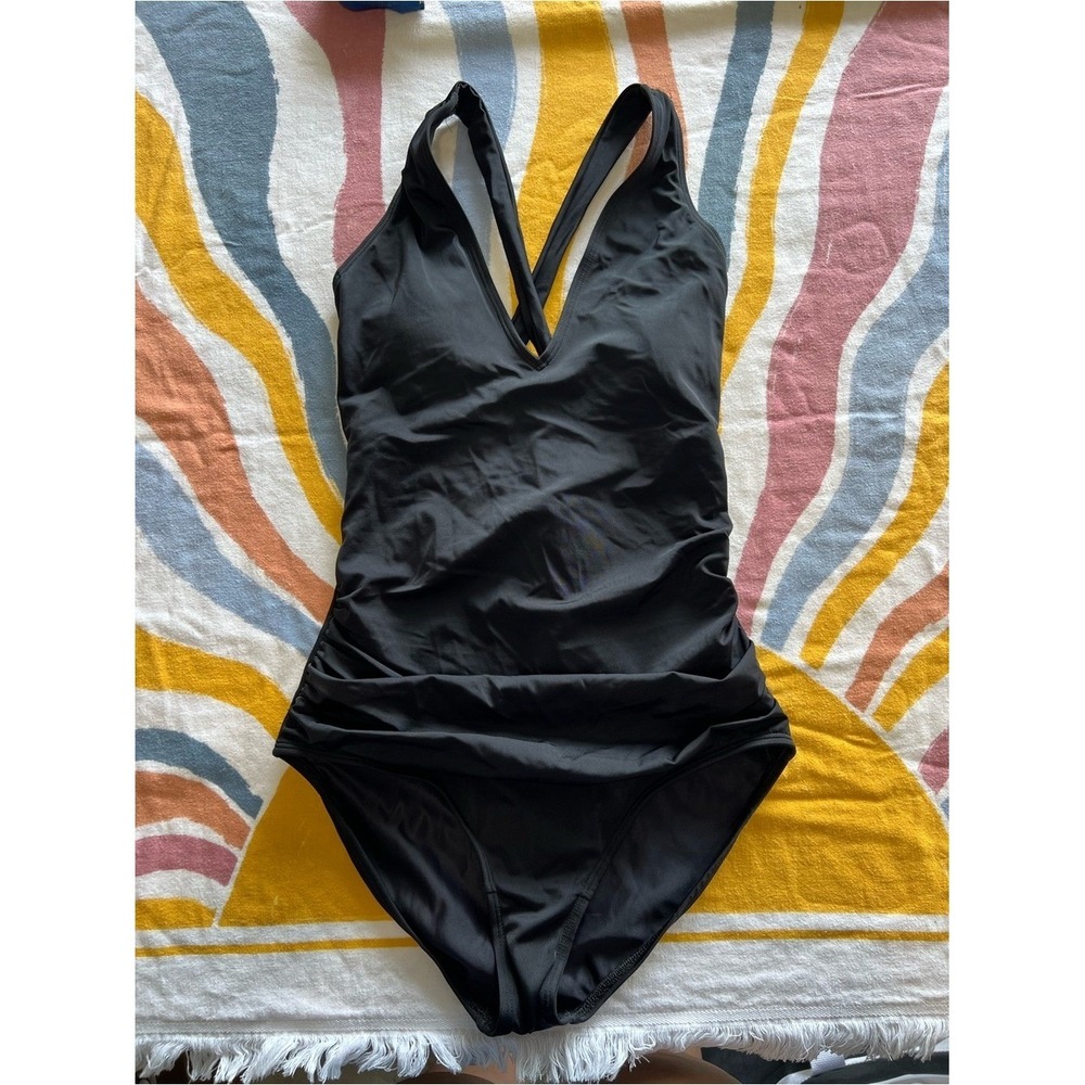 VENUS Black V-Neck Ruched One-Piece Swimsuit Size 8 Cross Back